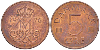 Дания 5 эре 1976 S; B, Маргрете II (1972- ) KM 859.1 железо плакированное медью 4392-262