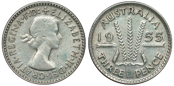 Австралия 3 пенса 1955 m, Елизавета II (1952-2022) KM 57 серебро 71-437