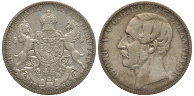 Брауншвейг-Каленберг-Ганновер 1 талер 1866 В, Георг V (1851-1866) КМ 230, AKS 144, Dav. 682, Kahnt 239, Thun 174 серебро 00-1067-10-12