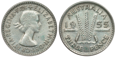 Австралия 3 пенса 1955 m, Елизавета II (1952-2022) KM 57 серебро 71-437