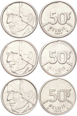 Бельгия набор из 3 монет разных годов (50 франков) 1990, 1992 и 1993 Belgie, Бодуэн I (1951-1993) KM 169 никель 4612-621-623