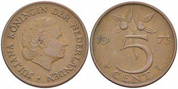 НИДЕРЛАНДЫ 5 ЦЕНТОВ 1973 ЮЛИАНА KM 181 бронза 214-826