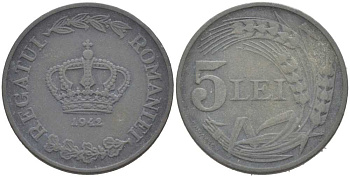 РУМЫНИЯ 5 ЛЕЙ 1942 МИХАЙ I (1940-1947), ВТОРАЯ МИРОВАЯ ВОЙНА KM 61 цинк 217-147