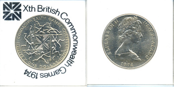 Новая Зеландия 1 доллар 1974 X Игры Британского Содружества наций, Елизавета II (1952-2022), в оригинальной пластиковой упаковке KM 44 медно-никель UNC 06-059-5