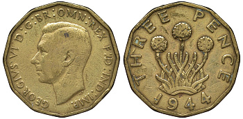 Великобритания 3 пенса 1944 Георг VI (1936-1952) KM 849, Spink 4112 никель латунь 4122-916