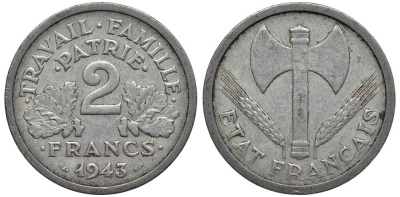 Франция 2 франка 1943 правительство Виши KM 904.1, LE FRANC 270.2 алюминий 27-821