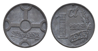 Нидерланды 1 цент 1943 Вильгельмина (1890-1948) KM 170 цинк 4674-1218