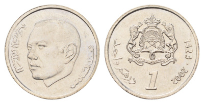 Марокко 1 дирхам 2002 AH 1423, год-тип Y 117 медно-никель UNC 4671-225