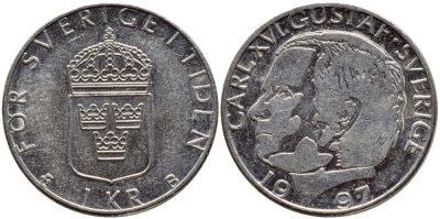 Швеция 1 крона 1997 Карл XVI Густав (1973- ) KM 852a медно-никель 4381-517