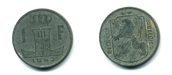 БЕЛЬГИЯ 1 ФРАНК 1943 BELGIQUE-BELGIE KM 127 цинк 86-1132