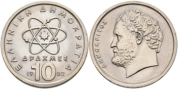 Греция 10 драхм 1982 Демокрит KM 132 медно-никель UNC 4563-1144