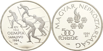 Венгрия 500 форинтов 1984 XIV зимние Олимпийские игры в Сараево, лыжники KM 641 серебро 1066-5-23