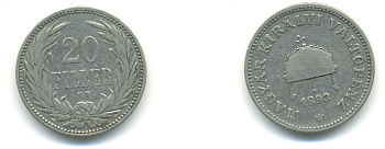 Венгрия 20 филлеров 1893 KB, Франц Иосиф I (1848-1916) KM 483 никель 93-412