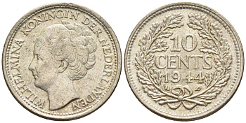 Нидерланды 10 центов 1944 P, Вильгельмина I (1890-1948) KM 163 серебро    4169-231
