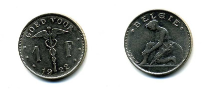 БЕЛЬГИЯ 1 ФРАНК 1922 BELGIE KM 90 никель 58-1227