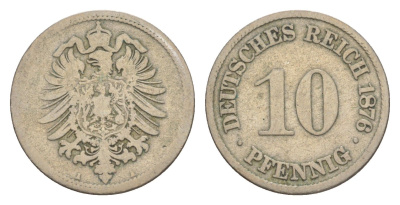 Германия 10 пфеннигов 1876 A, Вильгельм I (1871-1888) KM 4, J. 4 медно-никель 4640-216
