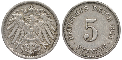 Германия 5 пфеннигов 1911 A KM 11, J. 12, Weege 6 медно-никель 25-1836