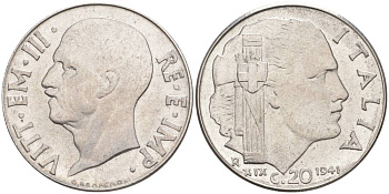 ИТАЛИЯ 20 ЧЕНТЕЗИМО 1941 R, ГОД XIX, ВИКТОР ЭММАНУИЛ III (1900-1946) KM 75b, VEM3. 1028 нержавеющая сталь 3853-632
