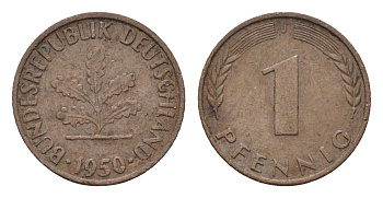 ФРГ 1 пфенниг 1950 J KM 105, J.380 сталь плакированная медью 4669-316