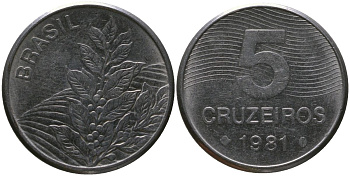 Бразилия 5 крузейро 1981 KM 591, Schon 100 нержавеющая сталь 4514-316