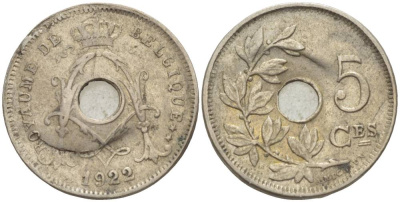 БЕЛЬГИЯ 5 САНТИМОВ 1922 BELGIQUE KM 66 медно-никель 4551-924