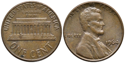 США 1 ЦЕНТ 1964 D, ЛИНКОЛЬН KM 201 медь цинк 66-214