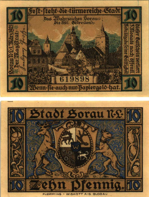 ЗОРАУ (ЖАРЫ) 10 ПФЕННИГОВ 1921 НОТГЕЛЬД, 1 МАРТА 1921, ЗЕМЛЯ БРАНДЕНБУРГ (ПОЛЬША) Grabowski 1247.1а бумага 8608-13-2-2