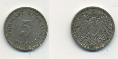 Германия 5 пфеннигов 1911 E KM 11, Jager 12, Weege 6 медно-никель 25-154