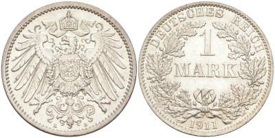 Германия 1 марка 1911 А KM , Weege 18, J.17 серебро 4182-1022