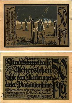 Германия, Ашерслебен 50 пфеннигов 1921 нотгельд, 1 декабря 1921 - 1 марта 1922, бобры, земля Саксония-Анхальт Grabowski 50.5а  бумага   8608-24-1-2