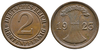 ГЕРМАНИЯ 2 РЕНТЕНПФЕННИГА 1923 A KM 31, J. 307 бронза 71-1132