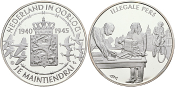 Нидерланды медаль ND Голландия в войне 1940-1945, подпольное изготовление листовок, 31,3 гр, 45,0 мм  серебро  PROOF  11-324-25