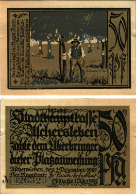 Германия, Ашерслебен 50 пфеннигов 1921 нотгельд, 1 декабря 1921 - 1 марта 1922, бобры, земля Саксония-Анхальт Grabowski 50.5а  бумага   8608-24-1-2