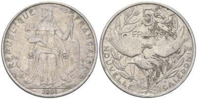 Французская Новая Каледония 5 франков 2003 птица кагу, (IEOM) KM 16, Schoen 12, Lec 81h алюминий 189-636