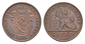 Бельгия 2 сантима 1909 Des Belges, Леопольд II (1865-1909) KM 35 медь 4658-758