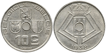 БЕЛЬГИЯ 10 САНТИМОВ 1938 BELGIQUE-BELGIE KM 112 никель латунь 34-1124