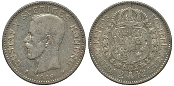 Швеция 2 кроны 1915 W, Густав V (1907-1950) KM 787 серебро 413-6321