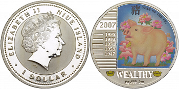 Ниуэ 1 доллар 2007 год Свиньи, здоровый, цветная эмаль KM NEW серебро PROOF 1066-3-52