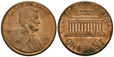 США 1 цент 1997 D, Линкольн KM 201b цинк плакированный медью 4136-344