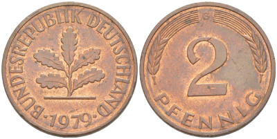 ФРГ 2 ПФЕННИГА 1979 G KM 106а, J. 381а сталь плакированная сталь плакированная медьюю 4181-833