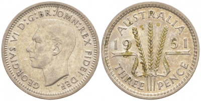 Австралия 3 пенса 1951 PL, Георг VI (1937-1952) KM 44 серебро 3955-1138