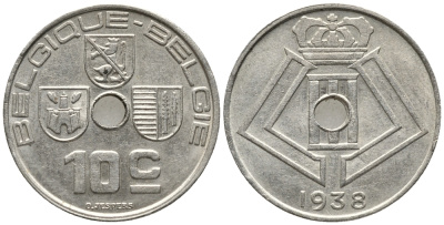 БЕЛЬГИЯ 10 САНТИМОВ 1938 BELGIQUE-BELGIE KM 112 никель латунь 34-1124