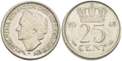 НИДЕРЛАНДЫ 25 ЦЕНТОВ 1948 ВИЛЬГЕЛЬМИНА (1890-1948) KM 177 никель 211-635