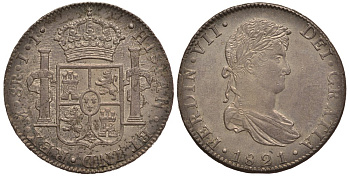 Мексика 8 реалов 1821 JJ, монетный двор Mo (Мехико Сити), Фердинанд VII Испанский (1808-1821) KM 111 серебро 00-000-00