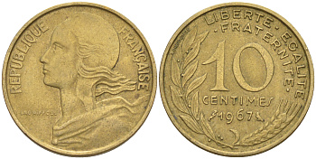 Франция 10 сантимов 1967 тип Marianne KM 929, LE FRANC 144.7 медь алюминий никель 4511-742