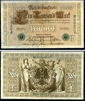 Германия 1000 марок 1910 21 апреля 1910, зеленая печать, номер семизначный, серия C, буква F, выпуск АПРЕЛЬ - ИЮЛЬ 1918 Pick 45 b бумага 8618-50-1-2