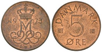 Дания 5 эре 1973 S; B, Маргрете II (1972- ) KM 859.1 железо плакированное медью 4623-367