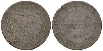 Сардинское королевство (Сардиния) 1 чентезимо 1826 KM 125 медь 4615-756