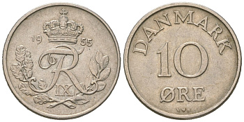 Дания 10 эре 1955 N; S, Фредерик IX (1947-1972) KM 841 медно-никель aUNC 211-255