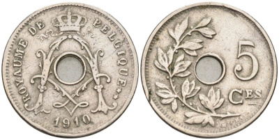 Бельгия 5 сантимов 1910 Belgique, Альберт I (1909-1934) KM 66 медно-никель 4594-359